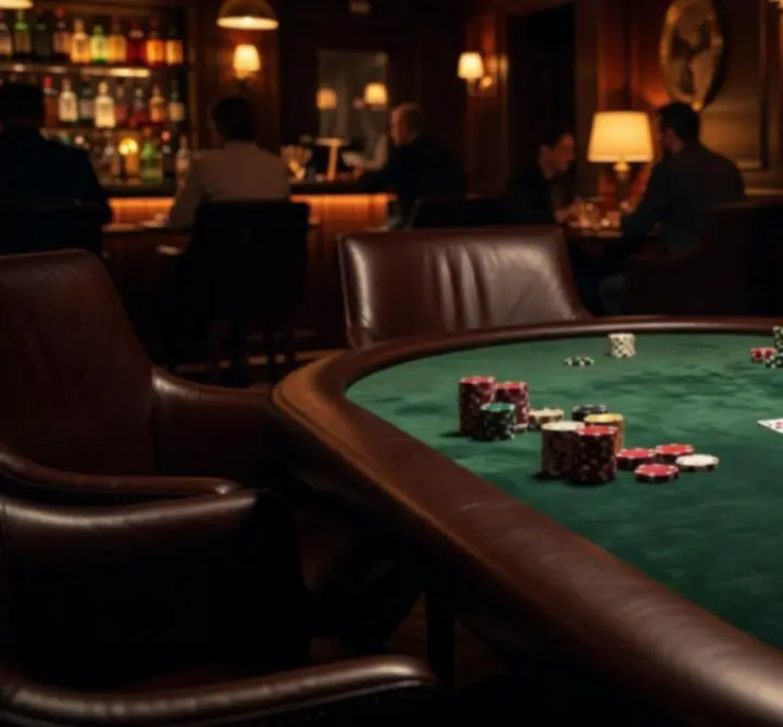 Klimatyczny pokerowy stół z kartami i żetonami w ciepłym świetle
