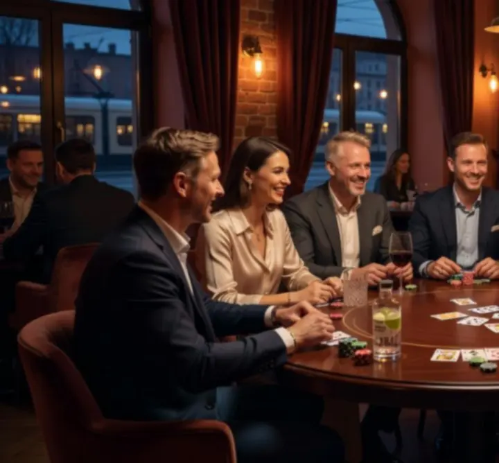 Stół pokerowy w wieczornej, kameralnej atmosferze z kartami i żetonami.