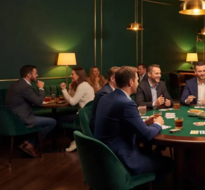 Atmosferyczne wnętrze z pokerowym stołem i koktajlami