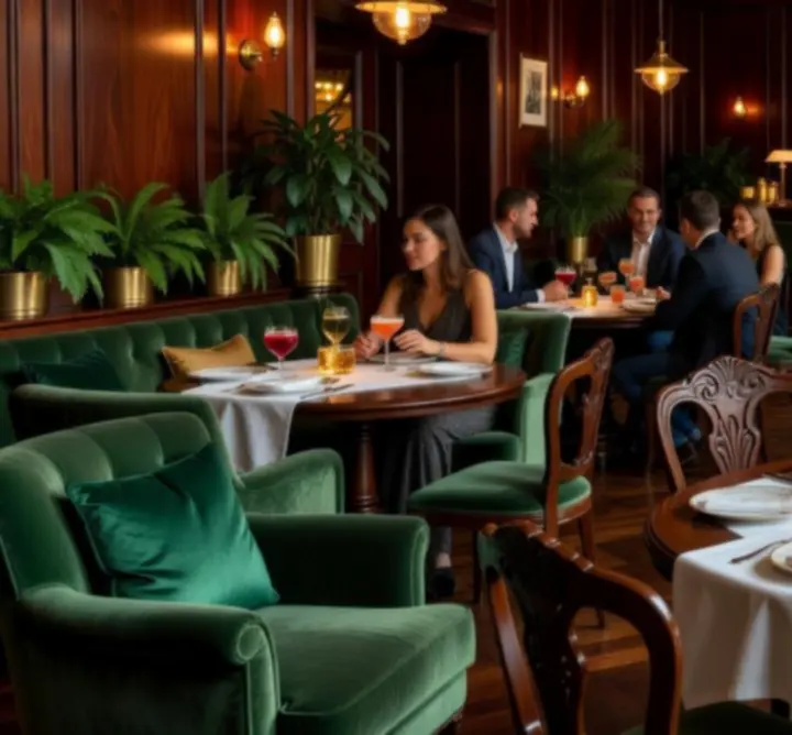 Stylowe wnętrze restauracji z ciemnym drewnem i nastrojowym oświetleniem